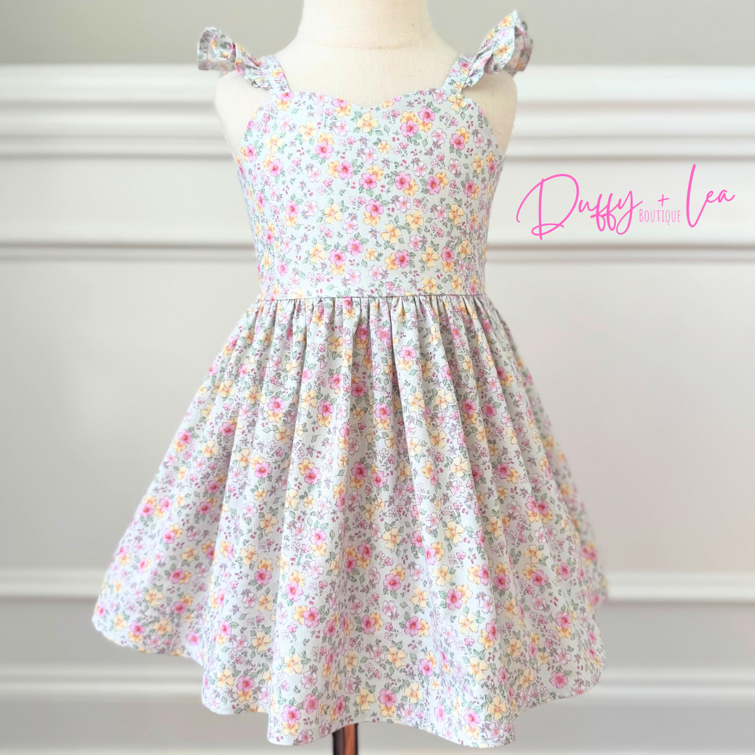 Green Spring Flowers Flutter Sleeve Dress