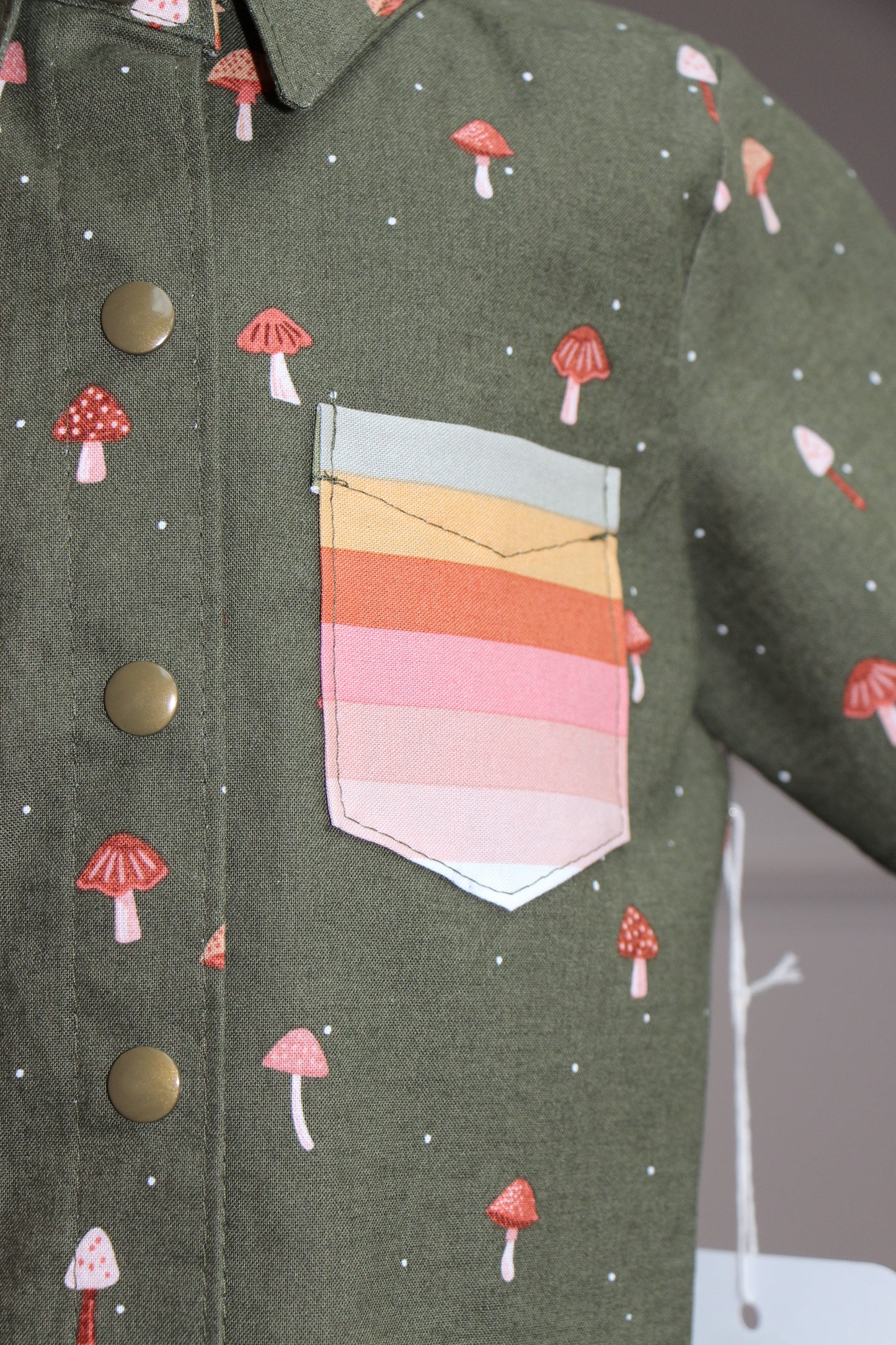 Boys Snap Down Shirt - Green Mushrooms