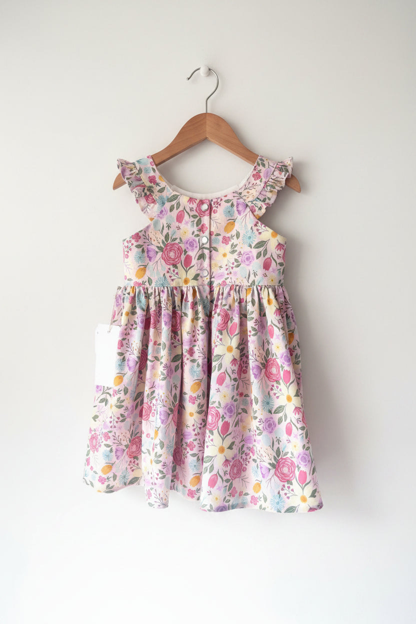 Floral dress on a hanger against a plain background