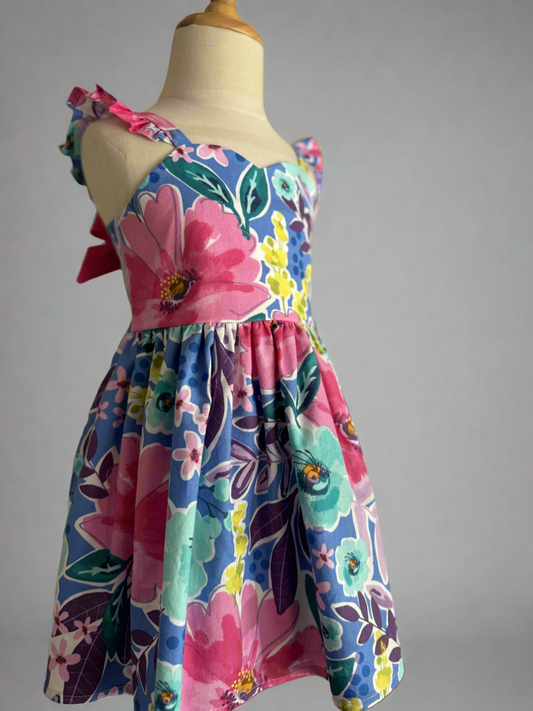 Blue + Pink Floral Flutter Sleeve Dress