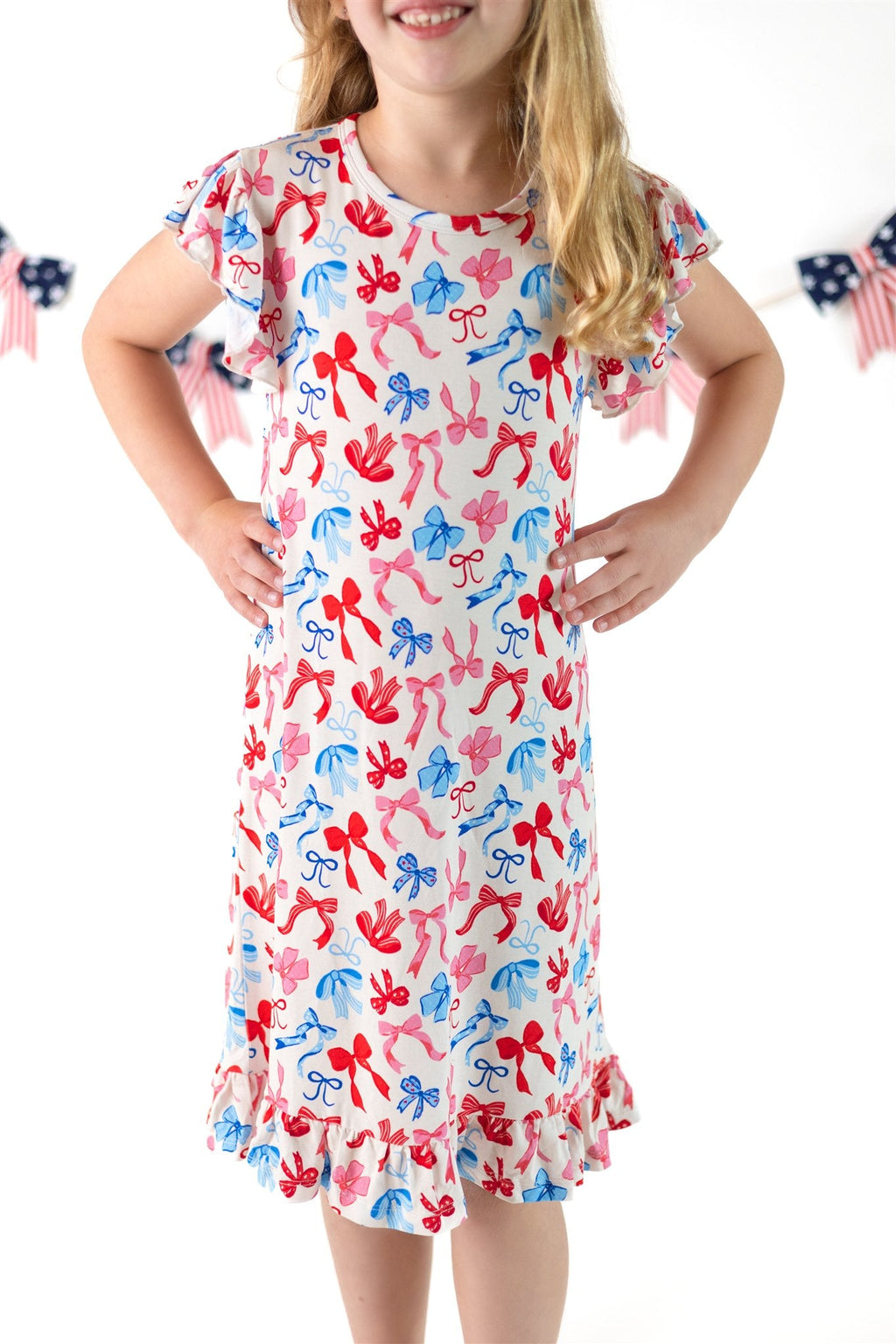 Red, White, & Blue Nightgown | Patriotic Bows Girls Bamboo Nightgown