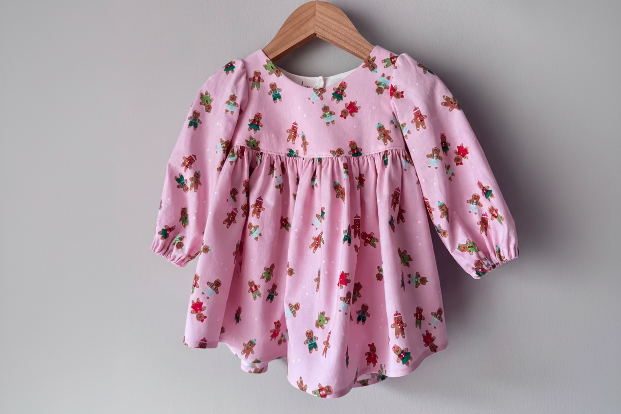 Pink children's dress with a gingerbread pattern on a wooden hanger against a gray background