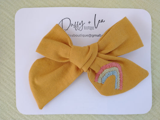 Hand Tied Hair Bow with Embroidery