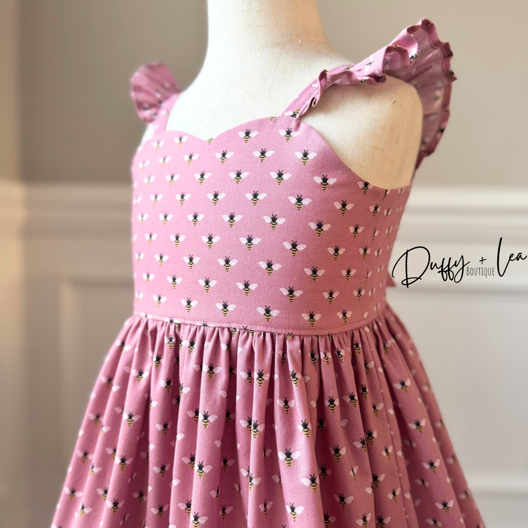 Mauve Bees Flutter Sleeve Dress
