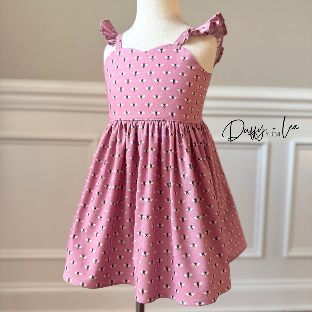 Mauve Bees Flutter Sleeve Dress