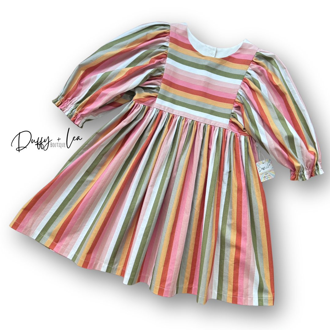 Muted Rainbow Gathered Sleeve Dress