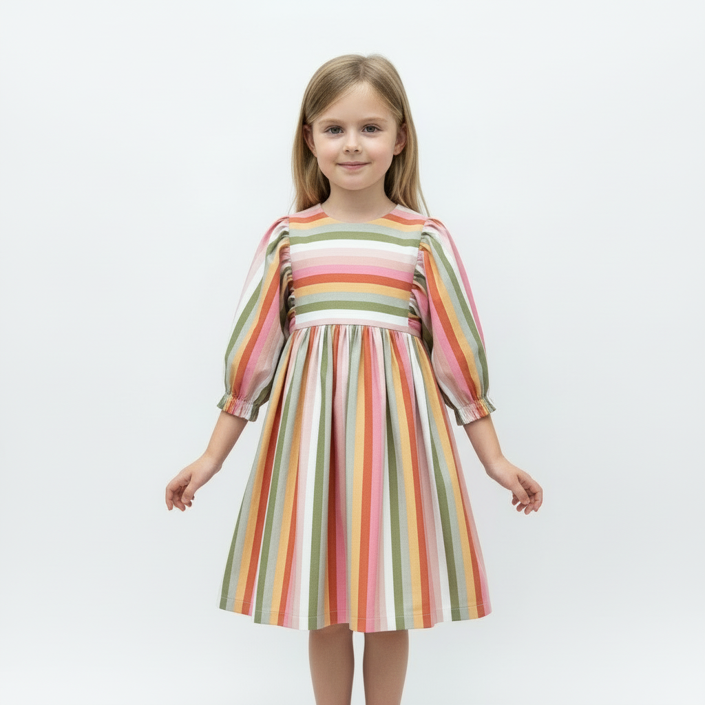 Muted Rainbow Gathered Sleeve Dress