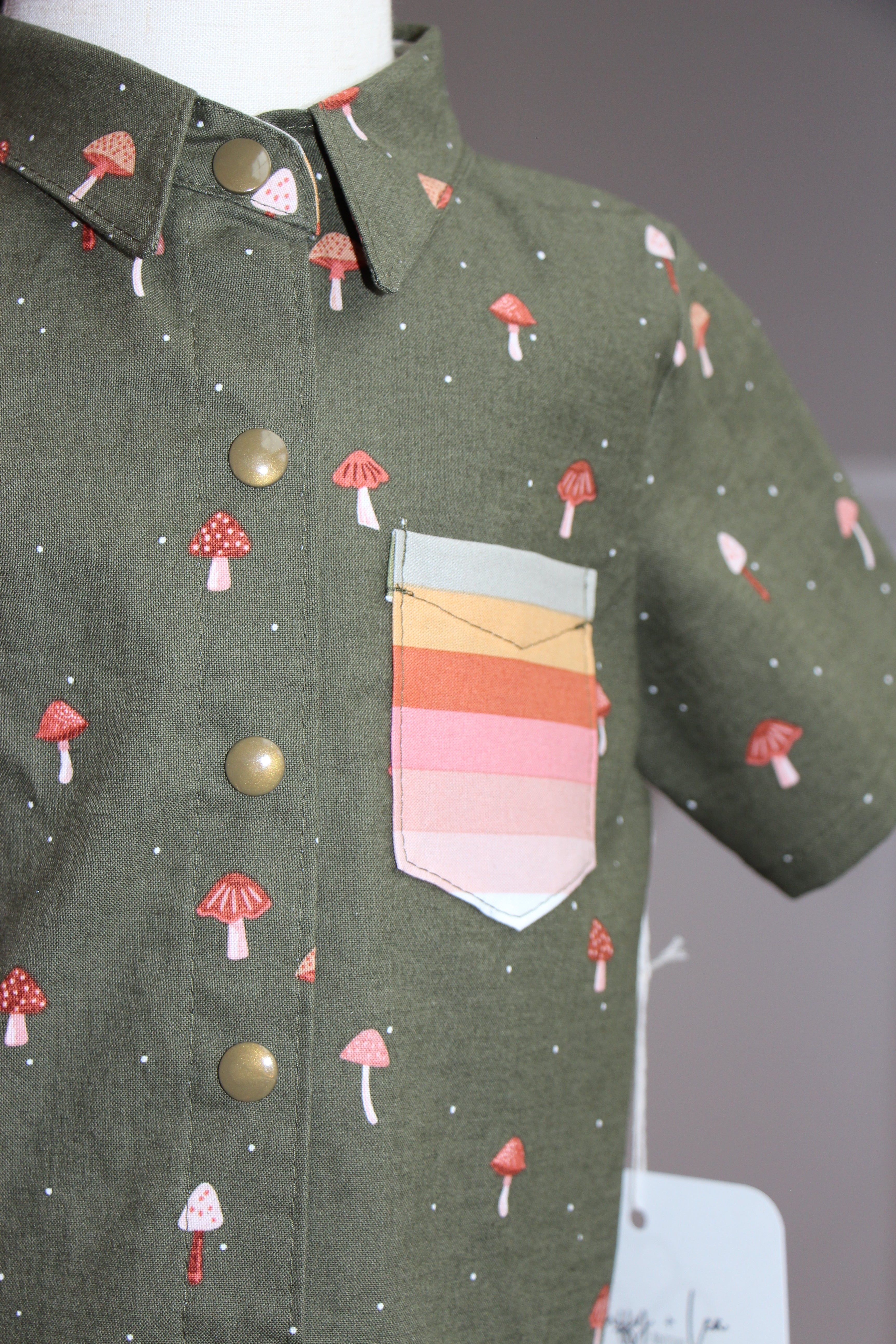 Boys Snap Down Shirt - Green Mushrooms