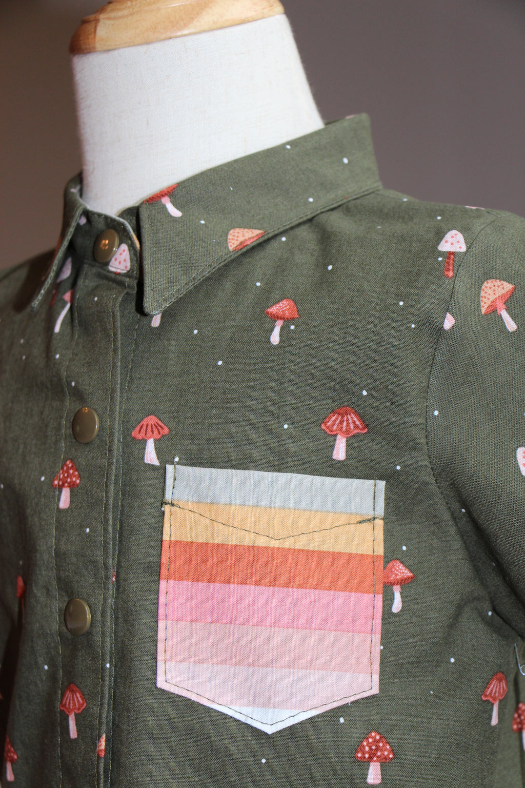 Boys Snap Down Shirt - Green Mushrooms