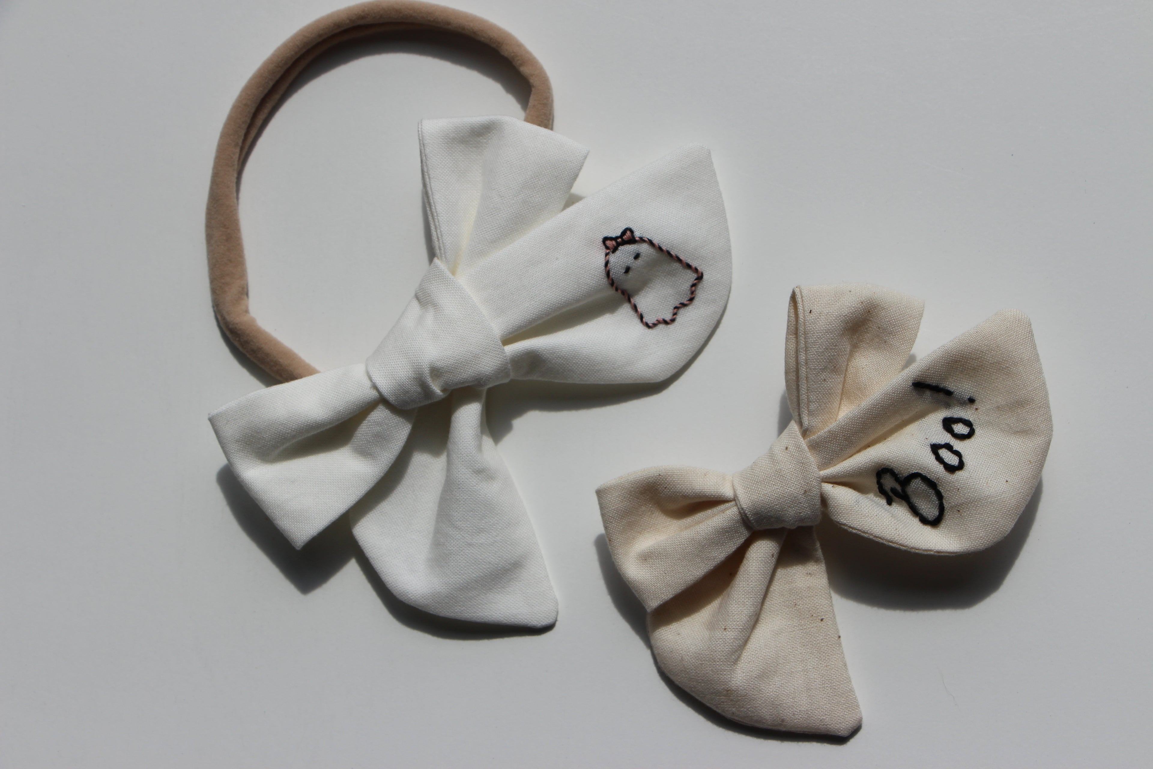 Hand Tied Hair Bow with Embroidery - Halloween