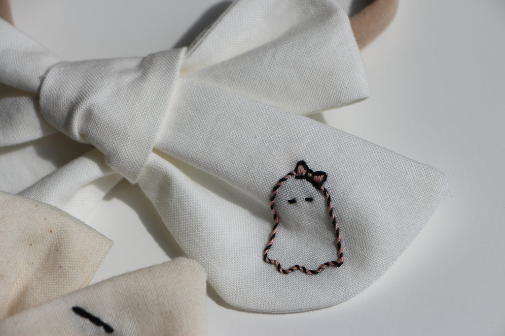 Hand Tied Hair Bow with Embroidery - Halloween