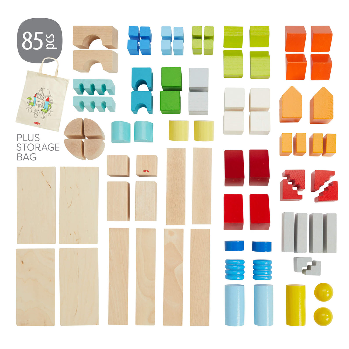 Colored Wooden Building Blocks - 85 Piece Set